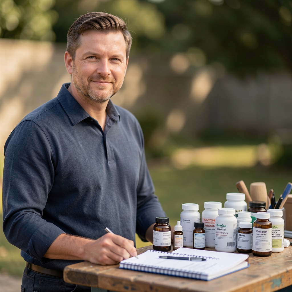 Editorial portrait of a man in his mid-thirties standing beside a workbench covered with neatly arranged supplement ingredients and notebooks