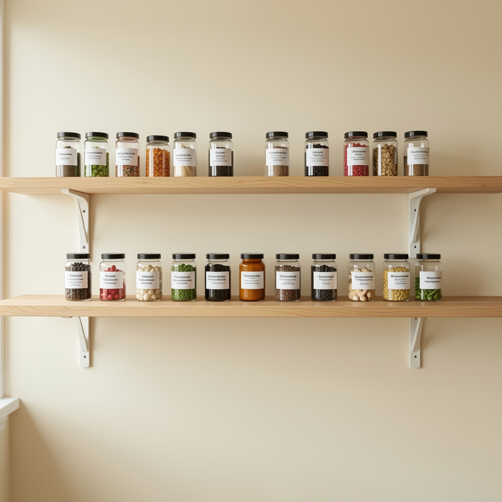 Wide view of a clean well-lit workspace with supplement ingredient samples in labelled glass containers on wooden shelving against a cream-painted wall