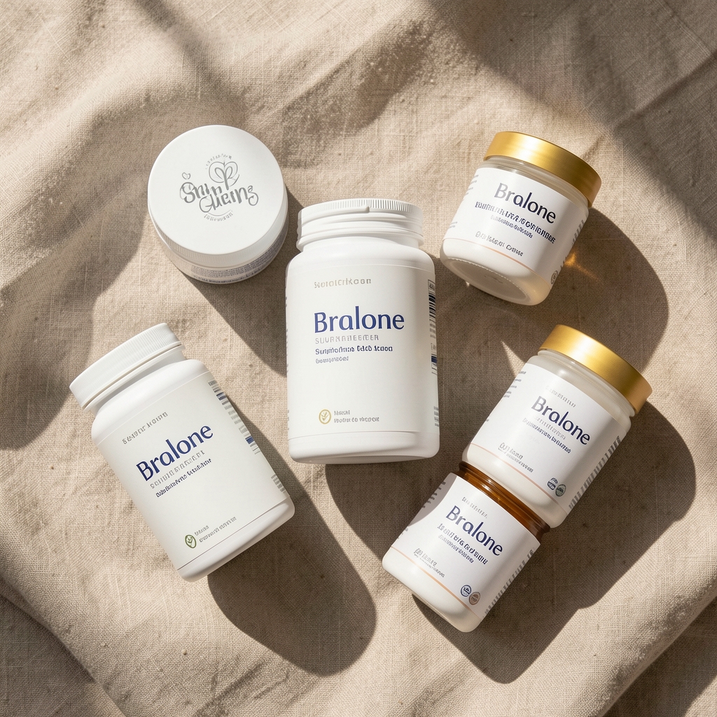 Flat-lay arrangement of Bralone supplement containers and skincare jars on warm linen surface with natural daylight casting soft shadows