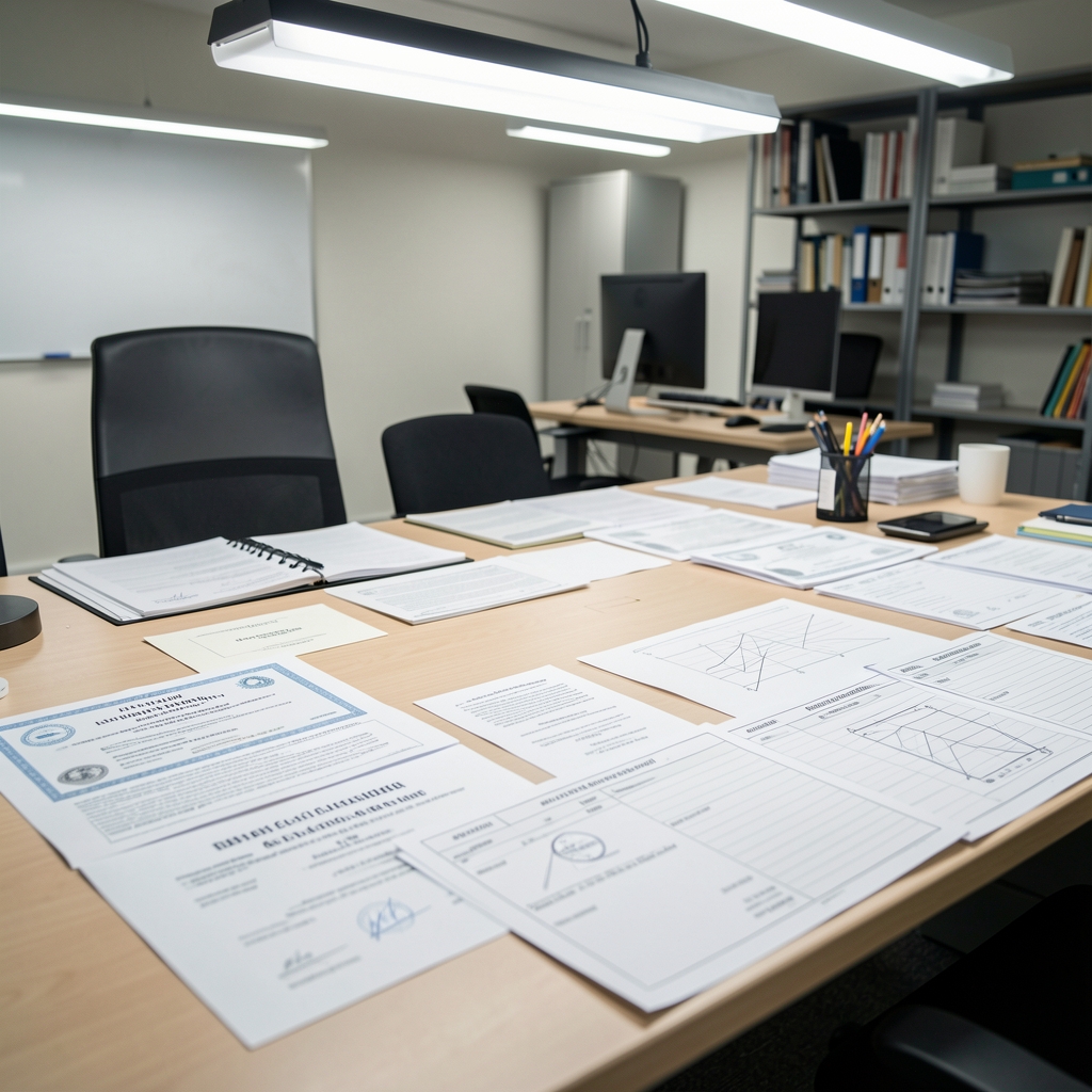 Organised documentation workspace with printed batch certificates and composition sheets spread across a wide desk under bright overhead lighting