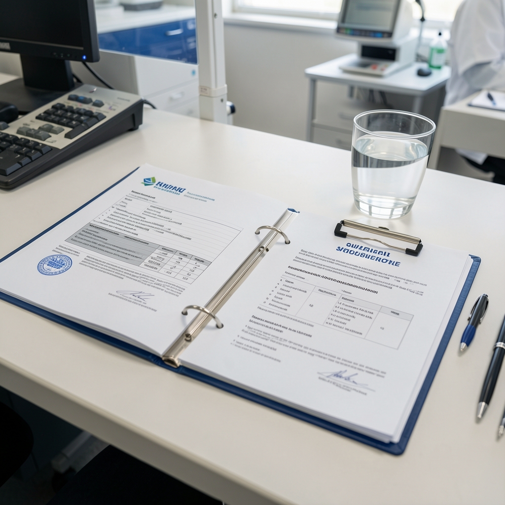 Open folder of supplier documentation certificates spread on a desk next to a glass of water and a pen in a quality-control environment