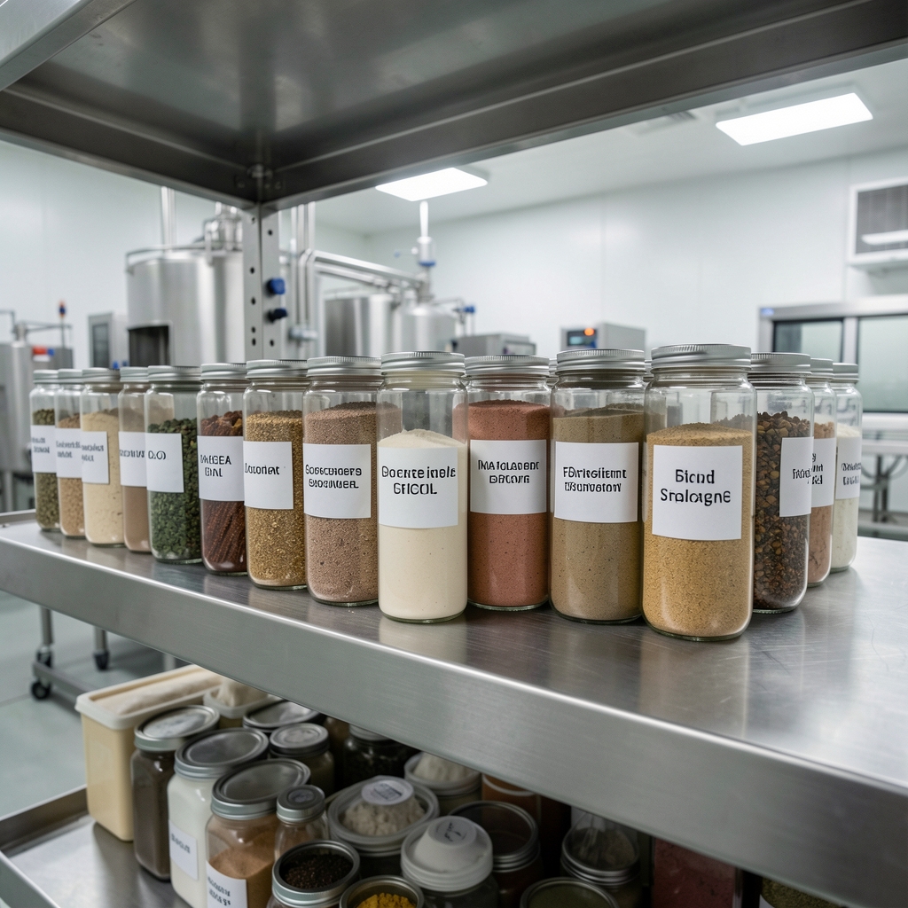 Row of labelled ingredient storage containers on a stainless steel shelf in a food-grade production facility with clean overhead lighting