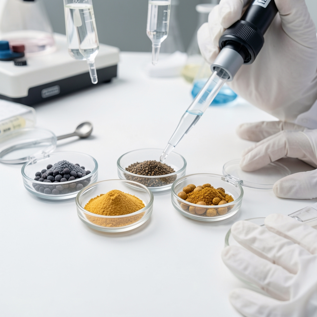 Skincare ingredient samples in small open glass dishes on a clean white surface with pipettes and white laboratory gloves in a quality-control workspace