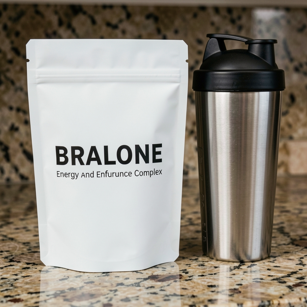 Flat white matte pouch of Bralone energy and endurance complex powder on a granite countertop next to a stainless steel shaker bottle