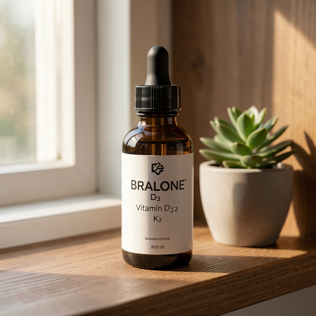 Dark glass dropper bottle of Bralone vitamin D3 and K2 supplement on a wooden shelf with small plant beside it and morning light filtering through