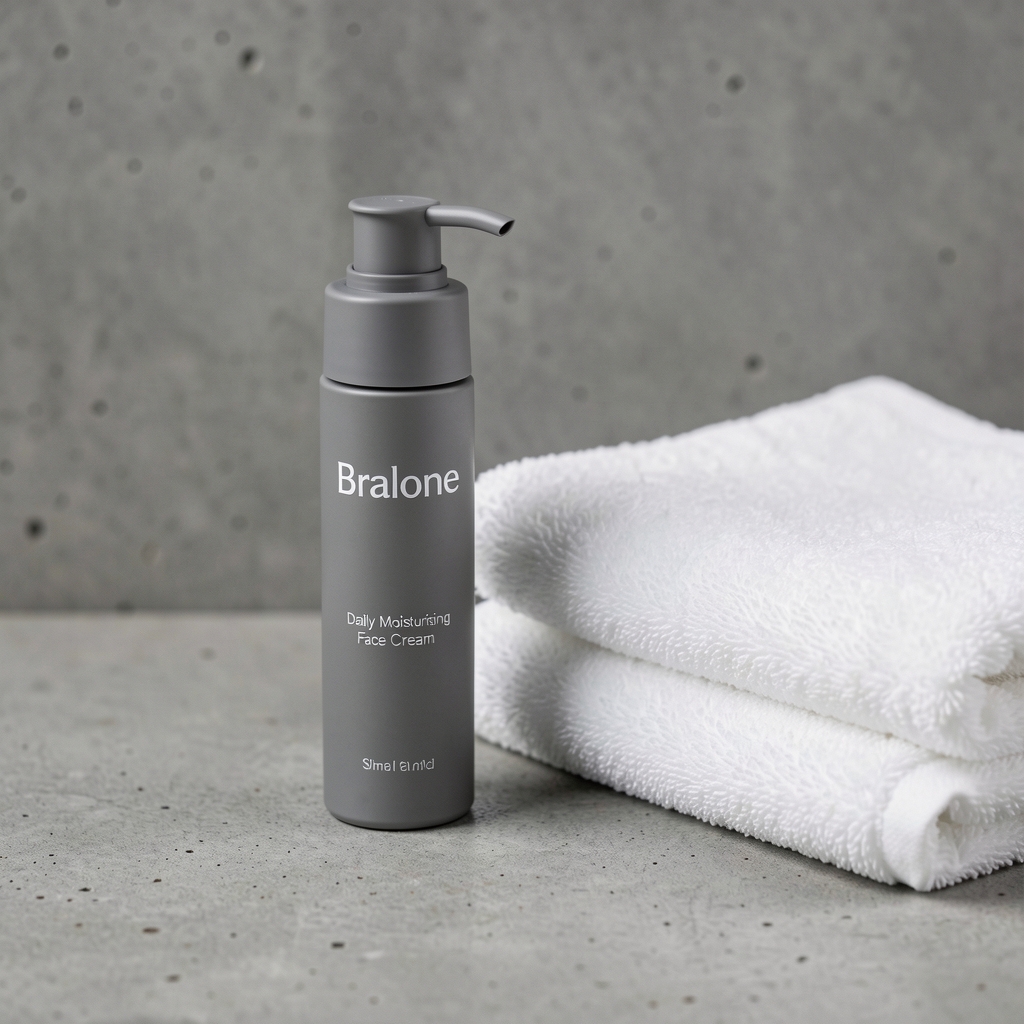 Slim pump bottle of Bralone daily moisturising face cream in matte grey packaging on a concrete surface next to a folded white towel