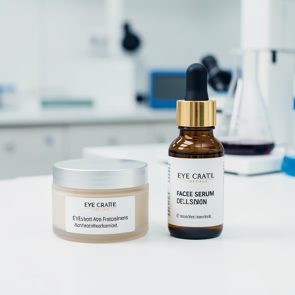 Two Bralone eye cream and face serum bottles side by side in a clean well-lit quality-control environment on a white surface